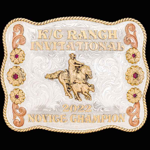 The Edinburg Custom Belt Buckle is a silver buckle with a bronze rope frame and fancy copper and bronze details.  Customize this unique cowboy's silver buckle today!